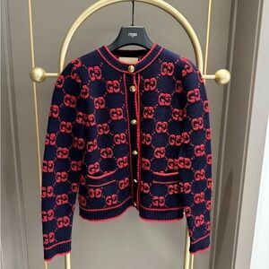 Authentic Gucci Navy & Red GG Jacquard Cardigan Jacket